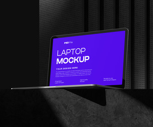 Modern Laptop Mockup PSD Template - Dark Dramatic Studio Scene