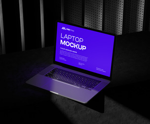 Modern Laptop Mockup PSD Template - Dark Dramatic Studio Scene