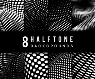 8 Abstract Black White Halftone Dot Background, Dynamic Grid Pattern, Monochrome Wave, EPS File