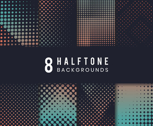 8 Halftone Backgrounds Abstract Dots, Gradients, Modern Color Blocks, Green, Orange, EPS File
