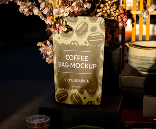 Coffee Stand-Up Pouch Mockup PSD Template - Natural Display Scene