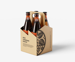 4 Pack Beer Bottle Carrier Mockup PSD Template - Craft Packaging
