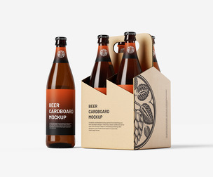 Beer Bottle & 4 Pack Carrier Mockup PSD Template - Full Branding Display