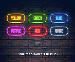 6 Neon Lights PSD Fully Editable Text Effect. Layer Style PSD Mockup Template