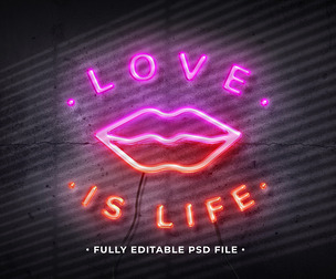 Neon Love is Life PSD Fully Editable Text Effect. Layer Style PSD Mockup Template