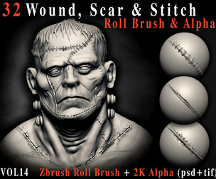 32 Wound, Scar & Stitch Roll Brushes + Alphas – Vol.14