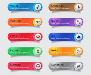 10 Colorful Web UI Action Buttons, Sign In, Download, Subscribe, Search, Like Icons