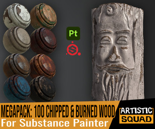Megapack: 100 Chipped and Burned Wood smart materials for Substance Painter