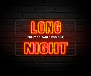Neon Long night PSD Fully Editable Text Effect. Layer Style PSD Mockup Template