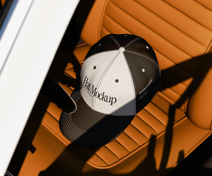 Baseball Cap Mockup PSD Template on Luxury Car Seat