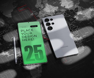Samsung Galaxy S24 Ultra Mockup PSD Template on World Map