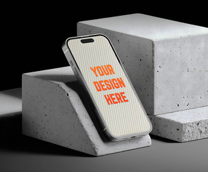 Angled iPhone 17 Pro Max Mockup PSD Template, Concrete Blocks