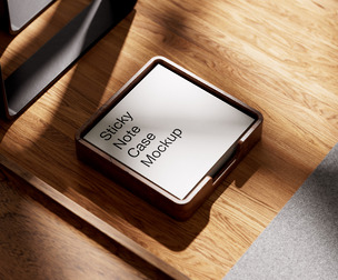 Wooden Sticky Note Case Mockup PSD Template on Desk