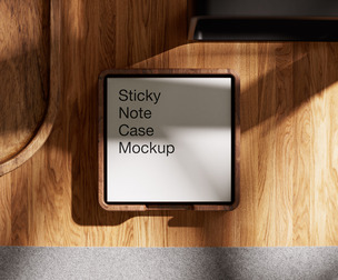Wooden Sticky Note Case Mockup PSD Template on Desk