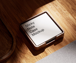 Wooden Sticky Note Case Mockup PSD Template on Sunlit Desk