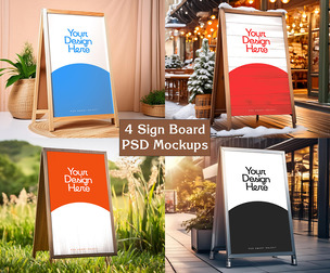 4 Sign Board Mockup PSD Templates, Outside Menu, Outdoor Storefront