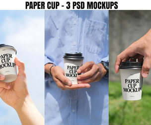 Hand Holding Paper Coffee Cup Mockup PSD Template - 3 Pack Scenes