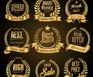 Golden Award Badges Laurel, Quality Certificates, Promotions, Ribbons