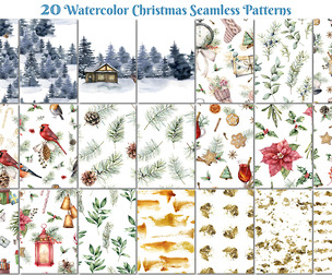 20 Watercolor Christmas Seamless Patterns, Winter Forest, Gifts