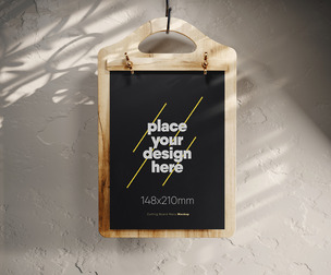 Wooden Hanging Menu Board Mockup PSD Template on Textured Wall