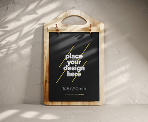 Wooden Standing Menu Board Mockup PSD Template on Textured Surface