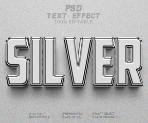 3D Silver PSD Fully Editable Text Effect. Layer Style PSD Mockup Template