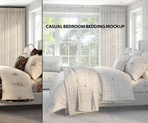Casual Bedroom Bedding Mockup PSD Template - Fully Decorated Room