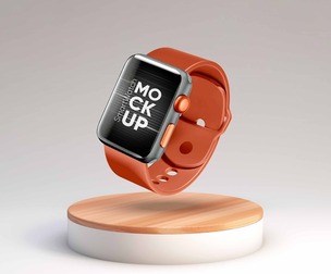 Smartwatch Mockup PSD Template with Orange Band on Wooden Pedestal