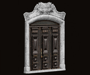 Wooden Door With a Big Concrete Ornament