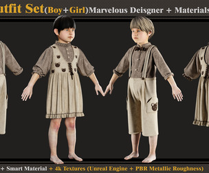 Kids Outfit Set-BOY & GIRL- MD-Clo3d-Smart Material- Textures-OBJ-FBX