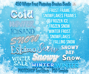 450 Winter Frost Photoshop Brushes Bundle, Snow, Ice, Snowflakes Frames, Frozen Text Effects PSD