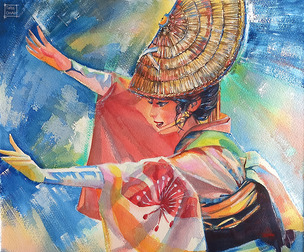 Awa Odori dance, watercolor and gouache.