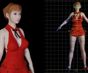 Realistic Red Dress Female - Fully Rigged 3D Character