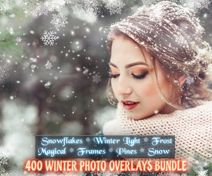 400 Winter Photo Overlays Bundle, Snowflakes Frames, Magic Wind, Falling Snow, Forst Overlays