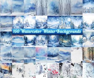150 Watercolor Winter Backgrounds, Snowy Landscapes, Blue Night Forest, Cozy Villages, Storybook
