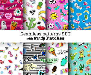 8 Pop Art Trendy Patches Patterns, Vector Seamless Texture, EPS File.