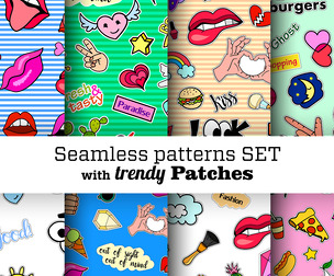 8 Pop Art Trendy Patches Patterns, Vector Seamless Texture, EPS File.