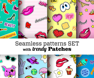 8 Pop Art Trendy Patches Patterns, Vector Seamless Texture, EPS File.