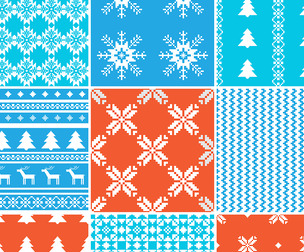9 Christmas knitted patterns, Vector Seamless Texture, EPS File.