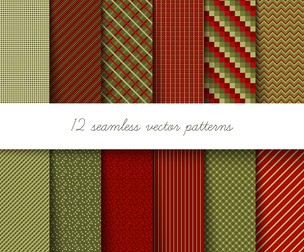 12 Christmas Festive Red Green Patterns, Vector Seamless Texture, EPS File.