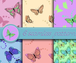 6 Butterfly patterns, Vector Seamless Texture, EPS File.