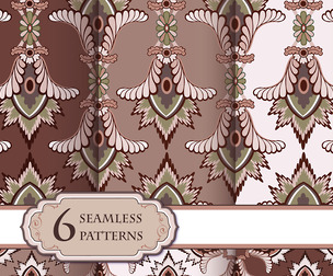 6 Classic Damask patterns, Vector Seamless Texture, EPS File.