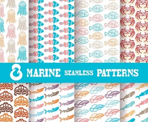 8 Marine patterns Vector Seamless Texture, EPS File.