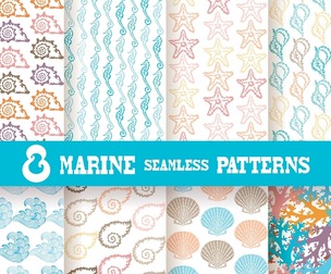 8 Marine patterns Vector Seamless Texture, EPS File.