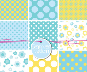 9 Yellow Blue Polka patterns, Vector Seamless Texture, EPS File.