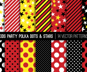 14 Kids party polka dots and stars patterns, vector Seamless Texture Patterns, EPS File.