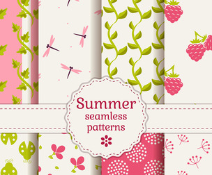 8 Summer patterns, Vector Seamless Texture, EPS File.