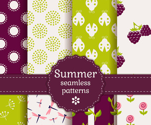 8 Summer patterns, Vector Seamless Texture, EPS File.