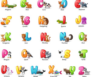Kids Alphabet Animals,Cartoon  Colorful Letters, Cute Creatures, Education, Learning