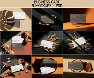 9 Business Card Mockups PSD Template, Elegant Botanical, Premium Scenes